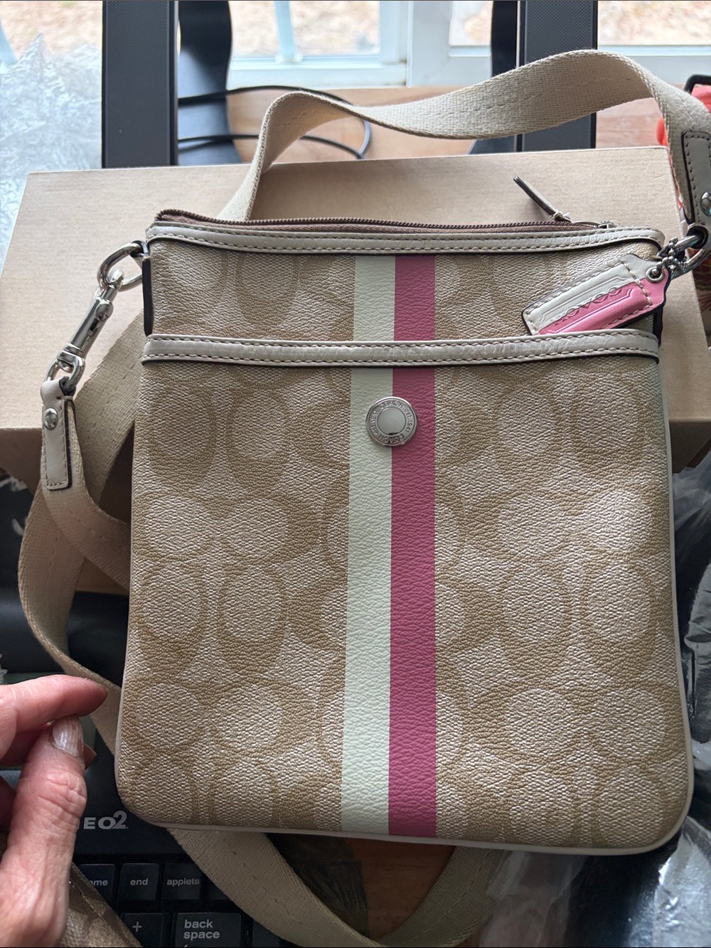 Coach Tan Crossbody Bag with Pink and Cream Center Stripe